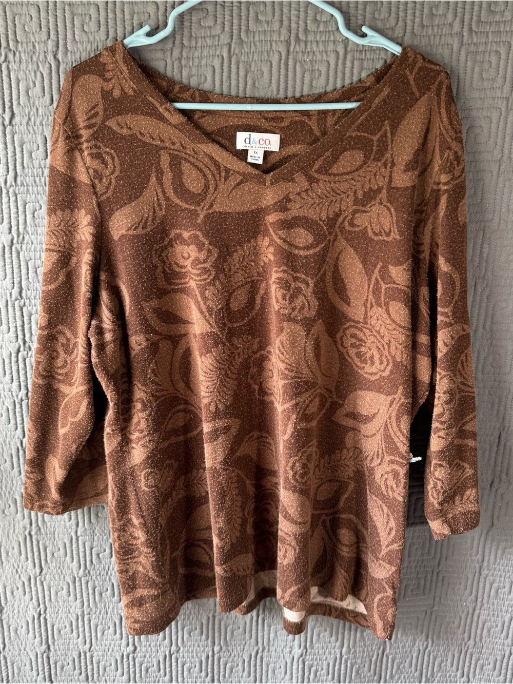 Denim & Company Blouse Women’s 1x Brown V-Neck Floral Polyester Blend